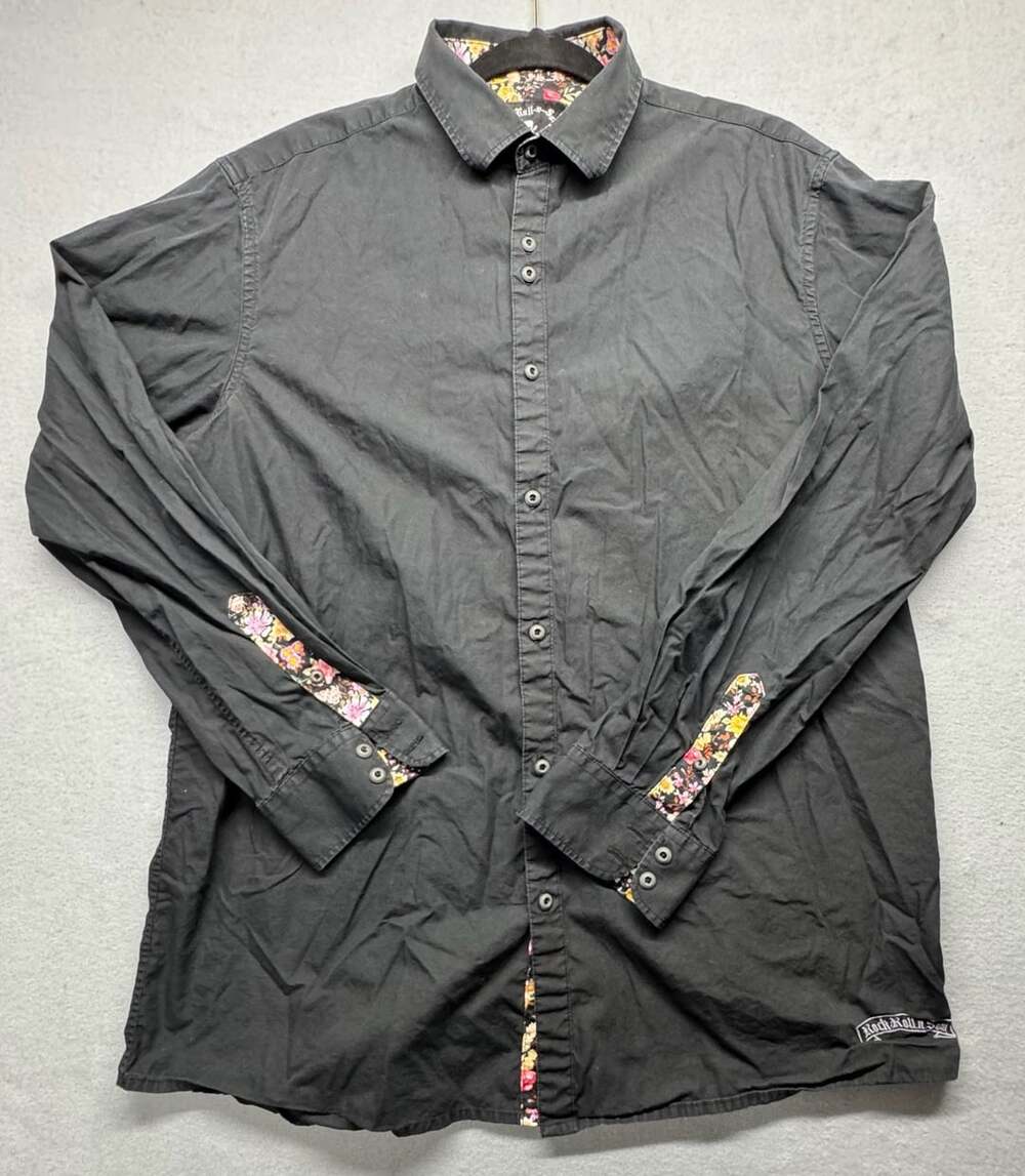 Rock Roll N Soul Button Down Shirt Black Floral Trim Long Sleeve